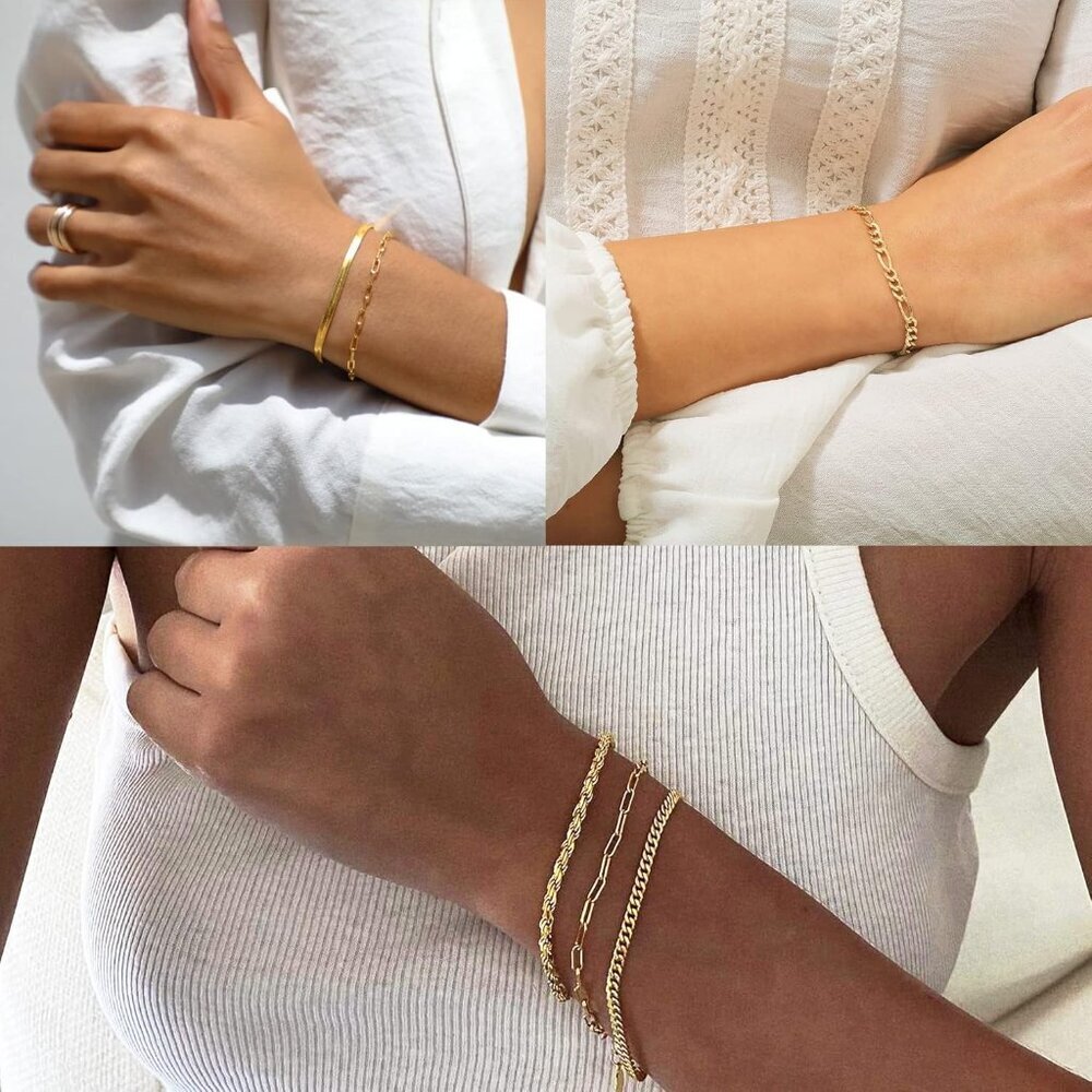 Gold Bracelets - Real 14K Women's Cute Tennis Cubic Beaded Link Paperclip Dainty - Picture 5 of 8
